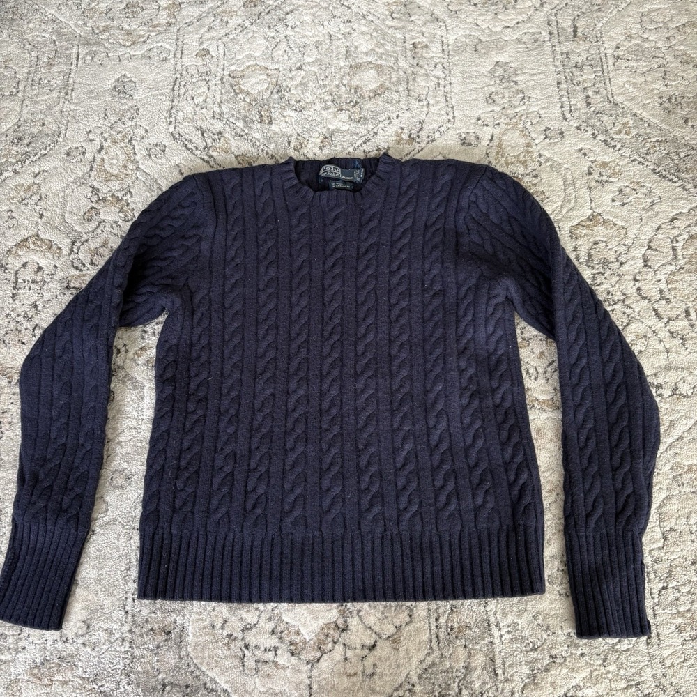 Polo Ralph Lauren Navy Cable Knit Sweater Size M 82% Wool 28% Cashmere Vintage